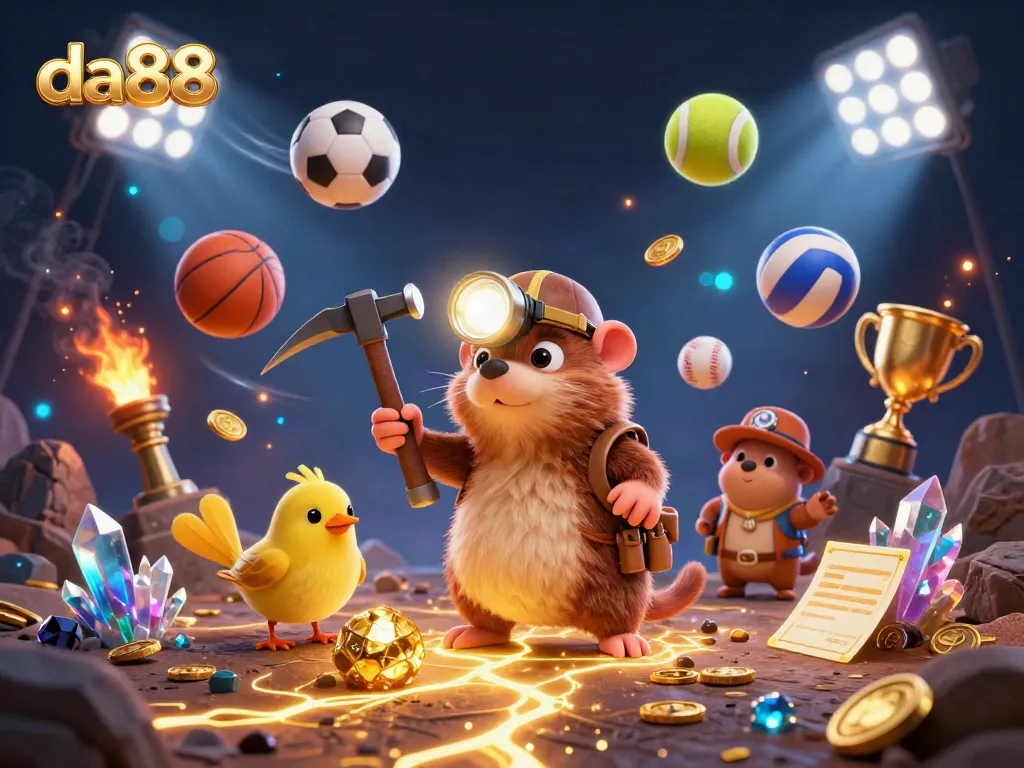Experience thrilling gameplay at da88 while exploring a vibrant casino filled with glowing treasures and sports elements.