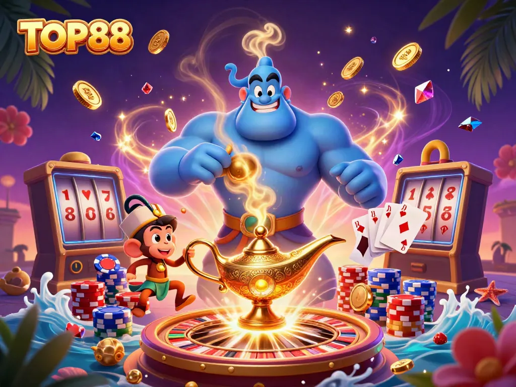 Experience the thrilling atmosphere of TOP88 with a magical genie, sparkling gems, and vibrant casino elements.