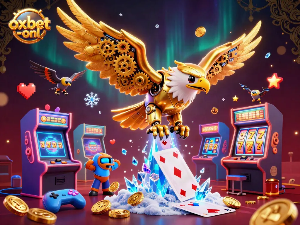 Play exciting games at oxbet-onl, featuring a cybernetic eagle amidst vibrant casino elements!