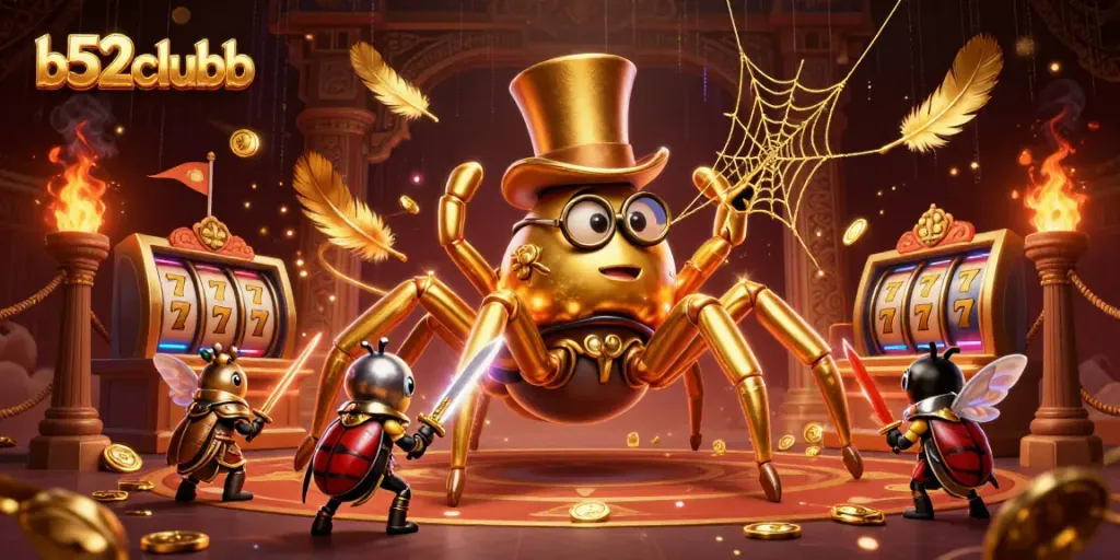 b52clubb offers an exciting experience with a golden tarantula and knight in a dynamic casino scene.