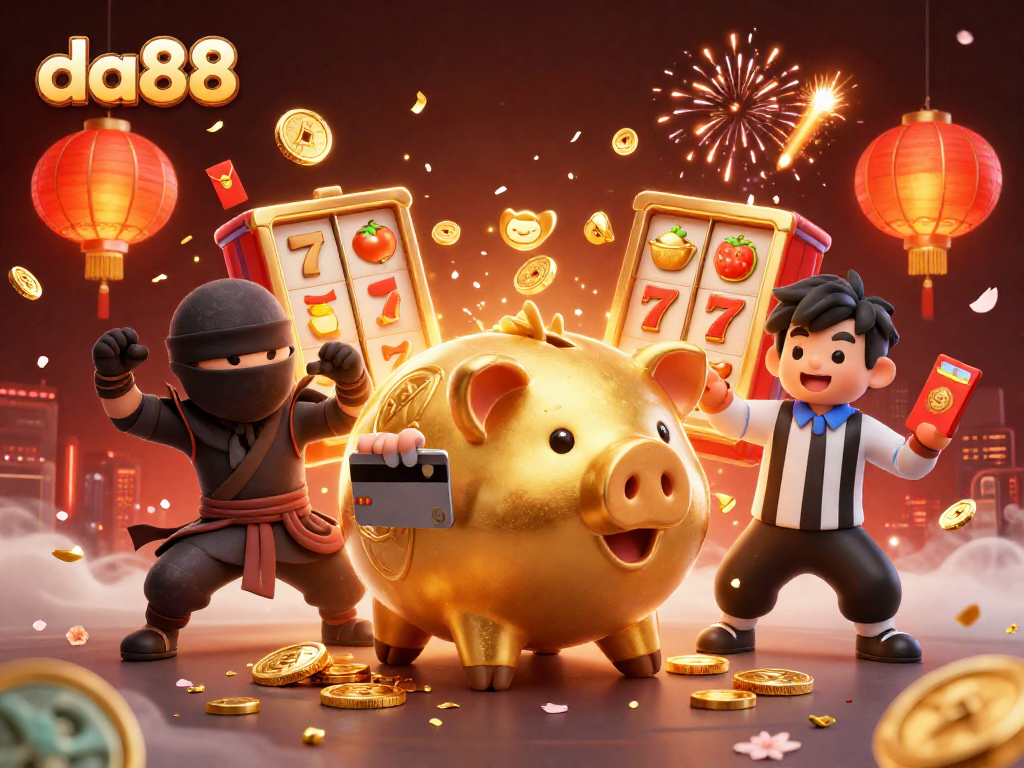 Experience thrilling wins with da88 in a packed casino scene with dynamic characters and exciting elements.