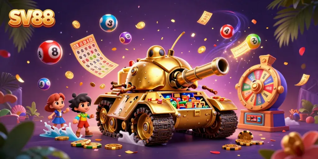 Experience the exciting world of SV88 with a dynamic 3D casino scene featuring a golden beetle tank and colorful gaming elements.