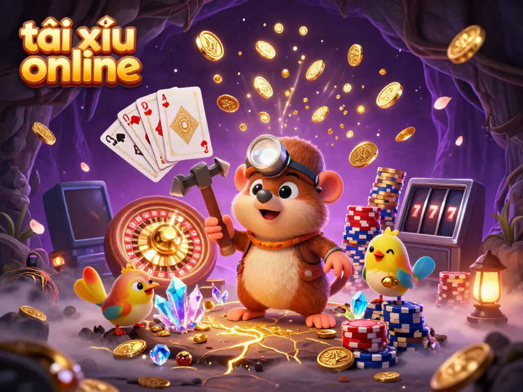 Engage in exciting plays of tài xỉu online, featuring dynamic game elements like cascading coins and vibrant poker chips.