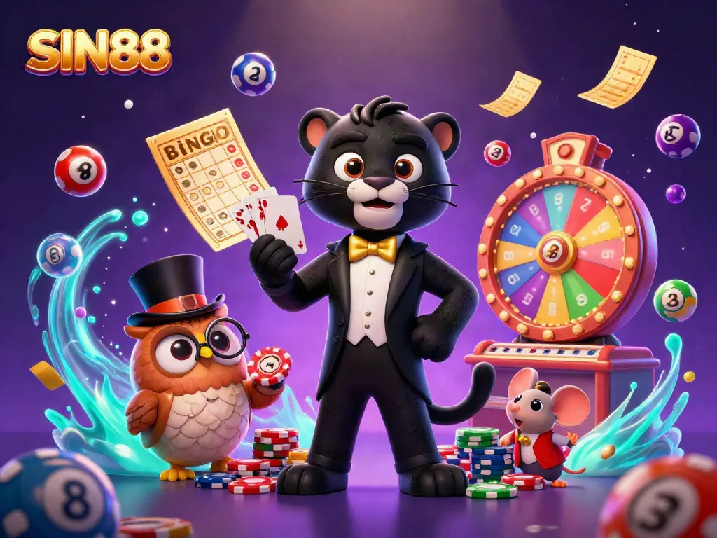 SIN88 welcomes players with vibrant lottery games in an energetic 3D illustration featuring playful characters.