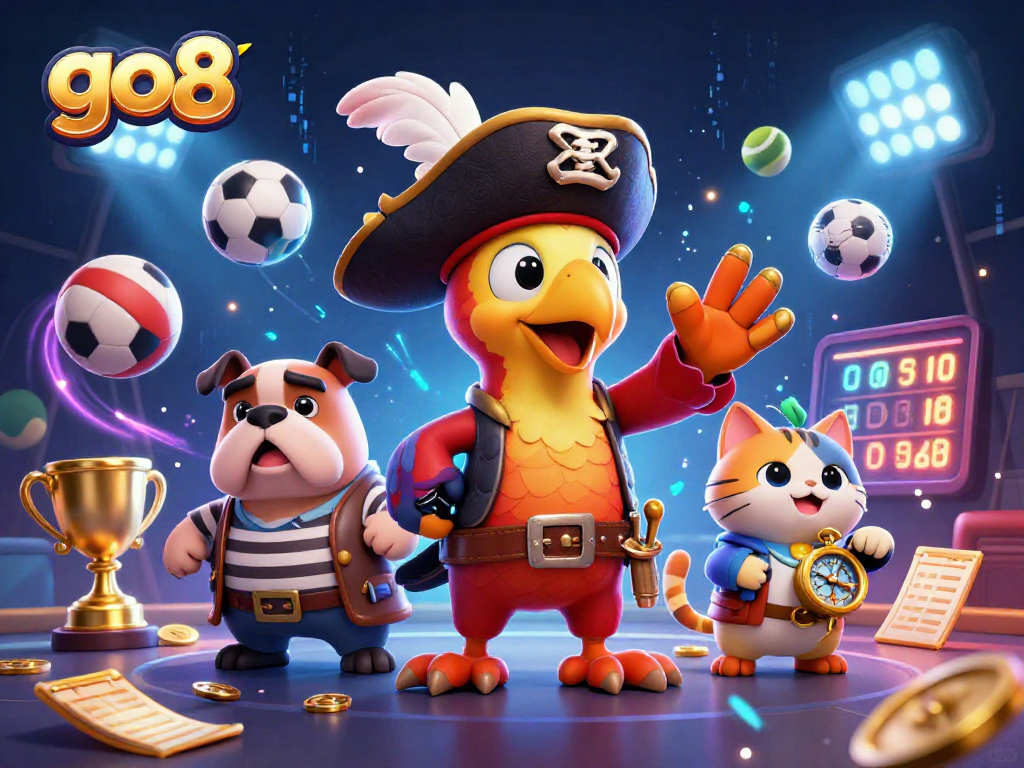 Engage with go8's dynamic sports betting scene featuring a pirate captain and energetic elements.