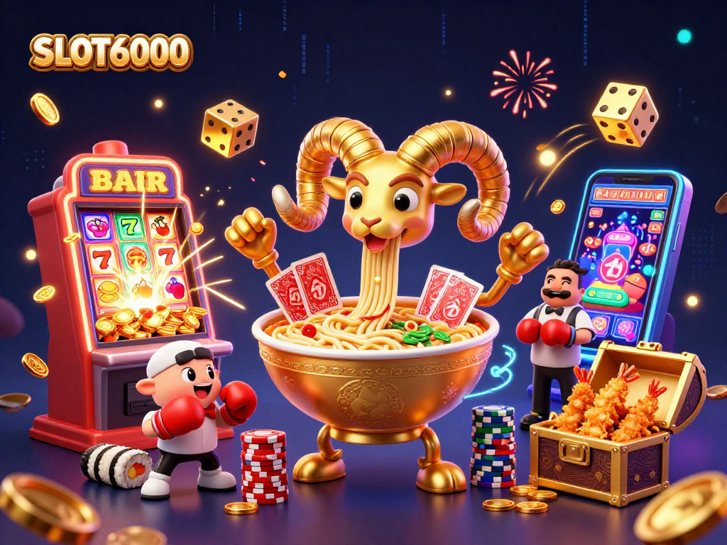 SLOT6000 showcases an exciting casino scene with lively characters spinning fortunes in a magical environment.
