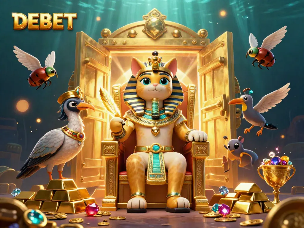 Engage with DEBET's vibrant gaming world featuring a rich 3D scene with a pharaoh cat and treasures.