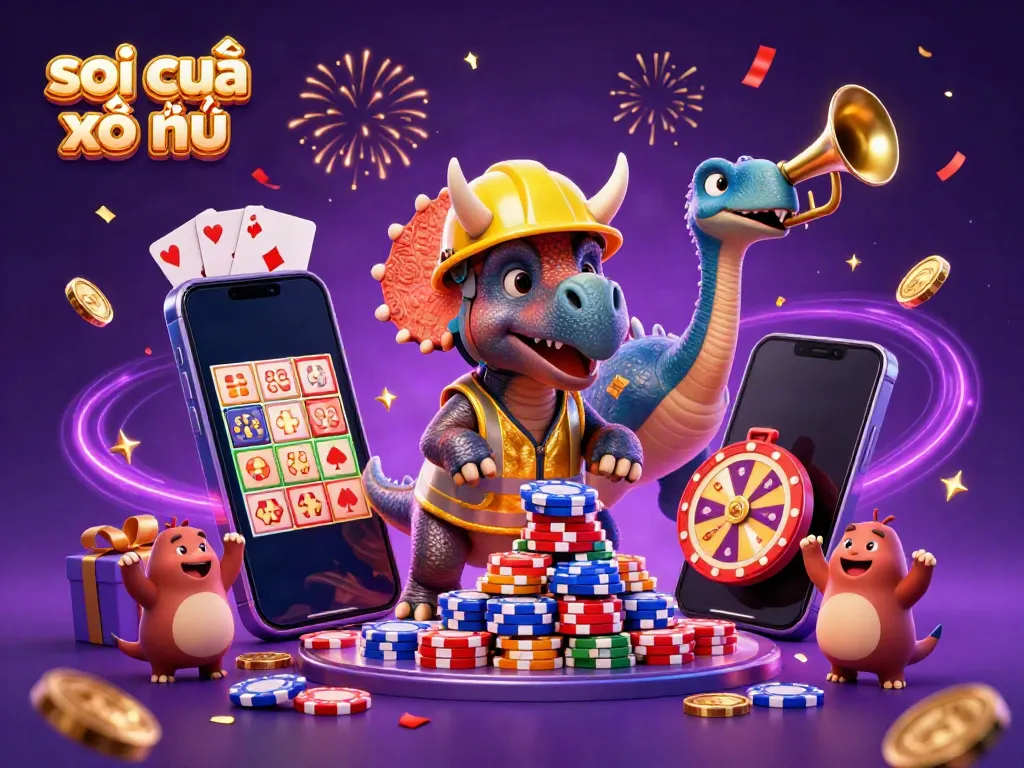 Soi cầu xổ số with a triceratops building poker chips, celebrating a winning lottery game.