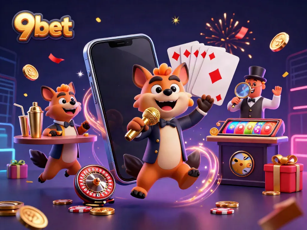 Experience the excitement of winning on 9bet casino with dynamic characters in a 3D illustration.