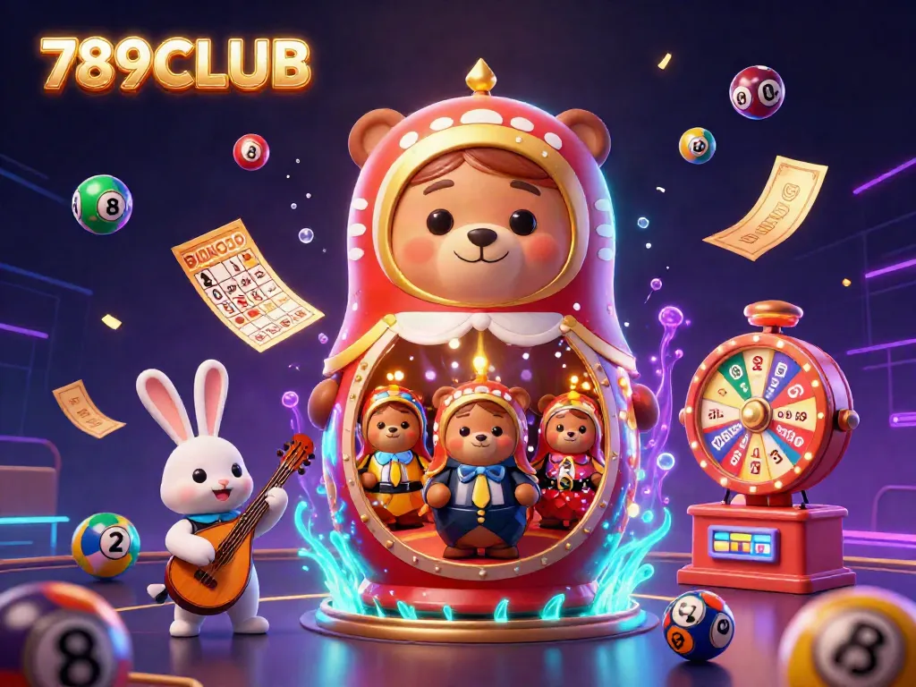 Experience the excitement of 789CLUB with vibrant illustrations of the Matryoshka bear and casino elements.