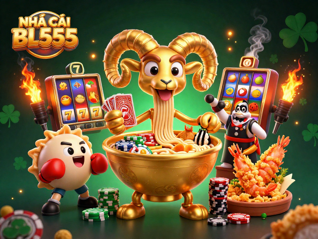 Engage in thrilling gameplay with NHÀ CÁI BL555, where a golden ramen bowl deals cards amidst vibrant slot elements.