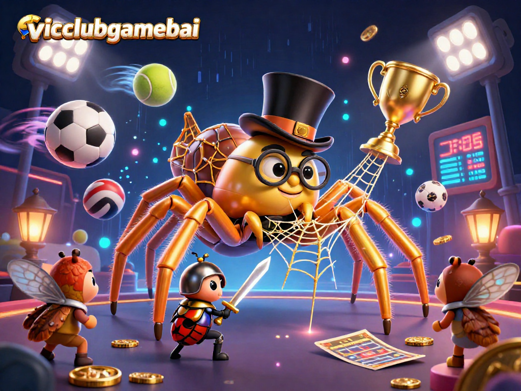 Experience the thrill of vicclubgamebai with a 3D representation of golden tarantula weaving luck among dynamic casino elements.